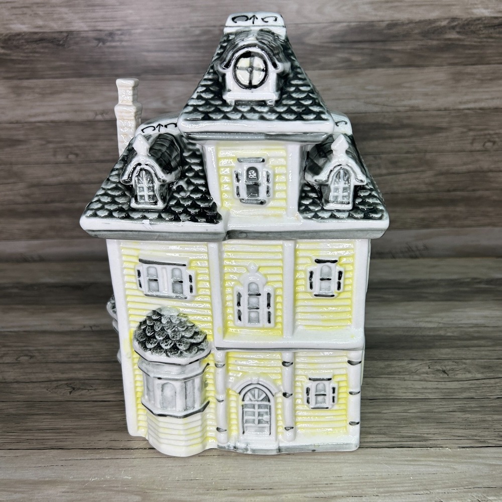 Vintage‎ Victorian House Cookie Jar Yellow Gray Roof Ceramic